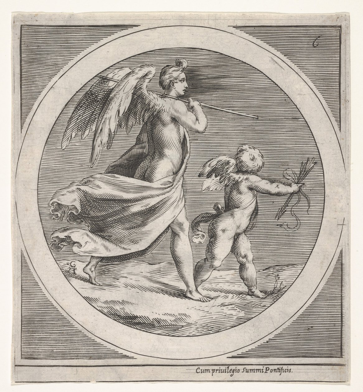 Figura feminina alada, drapejada e carregando um cajado, caminhando atrás de um putto alado..., c. 1550-1600. de Unbekannt