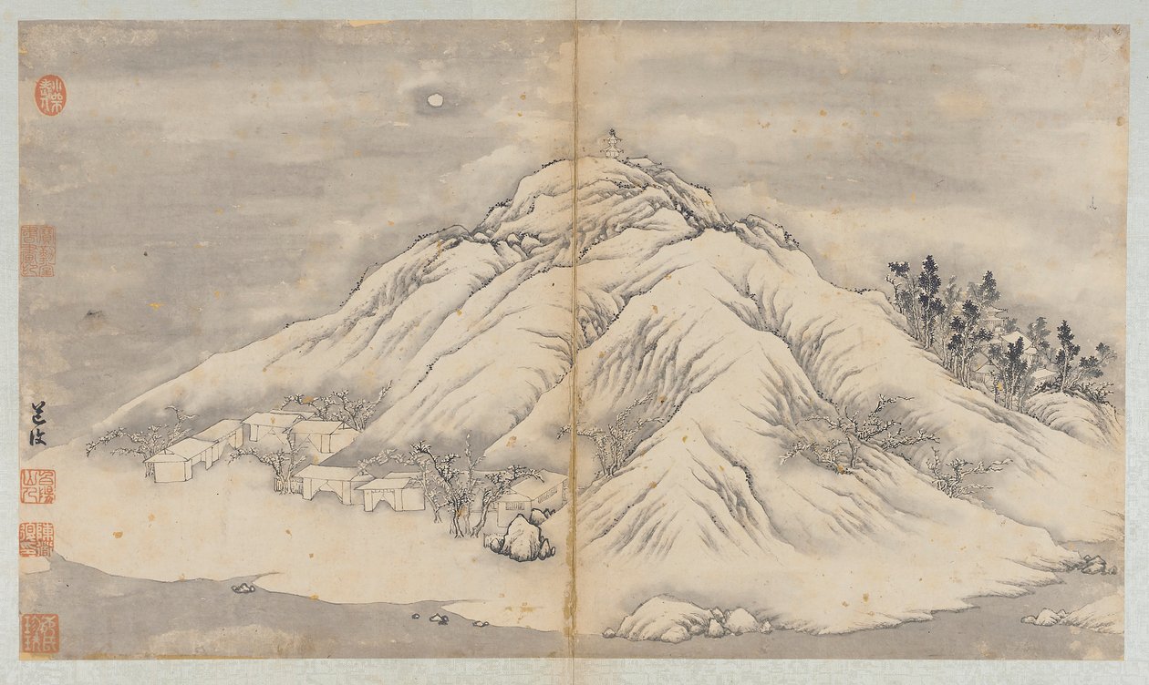 Paisagem de inverno: uma colina iluminada pela lua e edifícios, dinastia Qing, século XVIII. de Unbekannt
