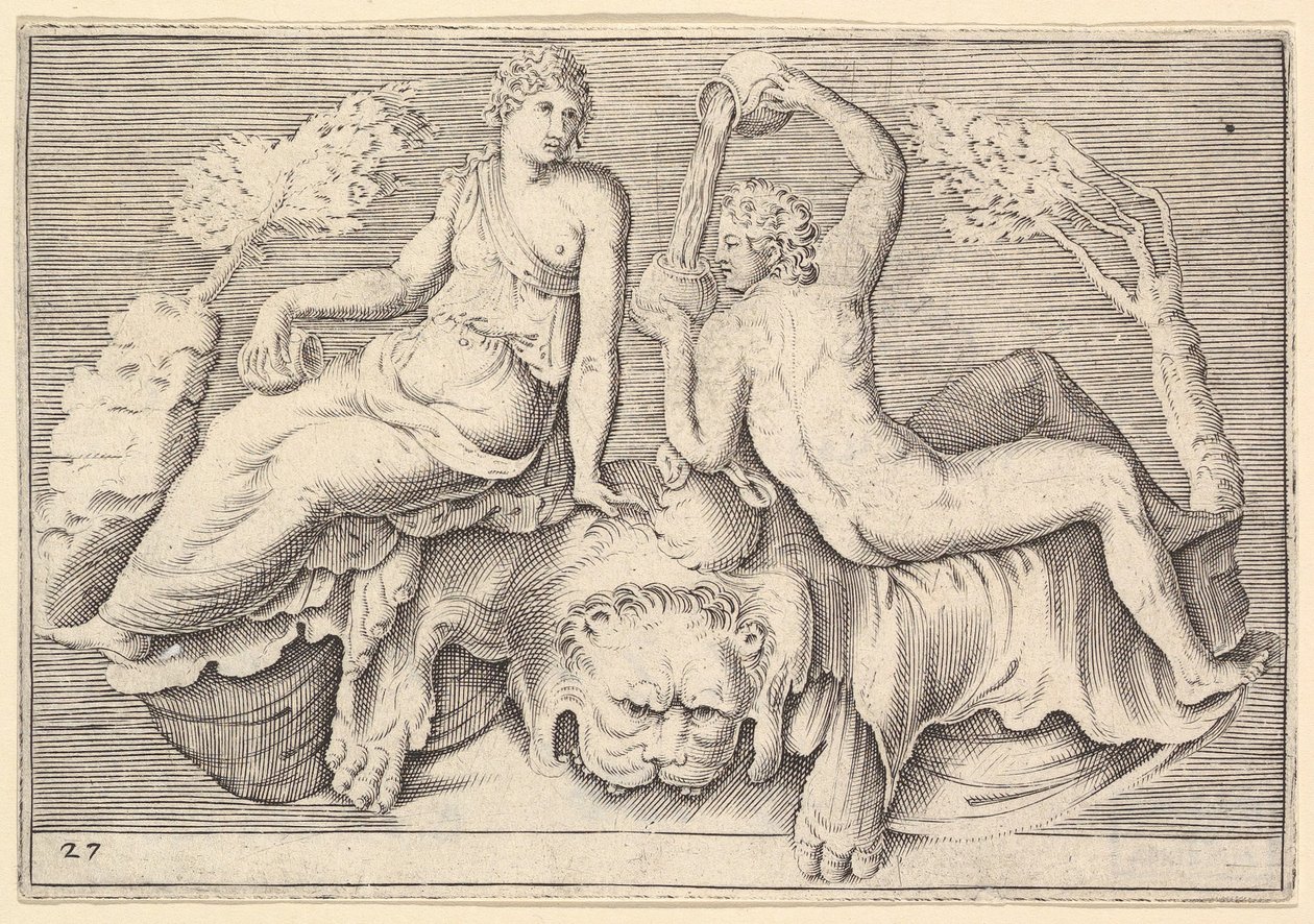 Mulher e homem sentado em Lionskin, Man Douring Wine, publicado ca. 1599-1622. de Unbekannt