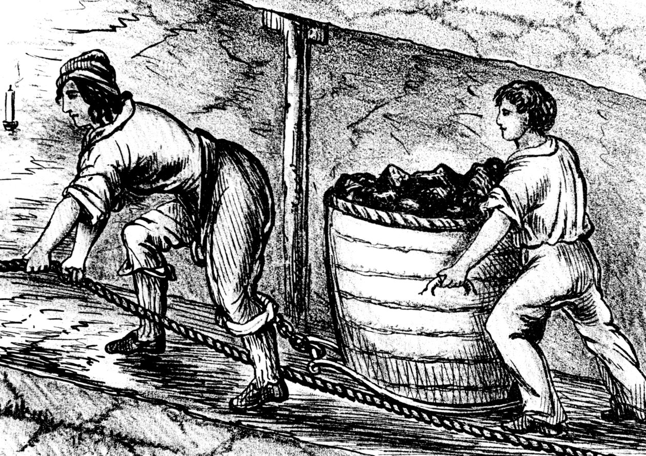 Mulher e menino trabalhando em uma mina de carvão, Bolton, Lancashire, 1848 de Unbekannt