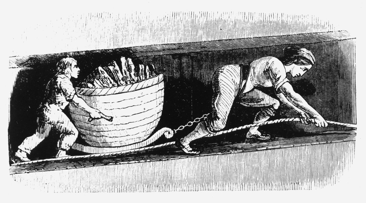 Mulher e menino desenhando uma corveta contendo 3-4 cwt de carvão, Bolton, Lancashire, 1848 de Unbekannt