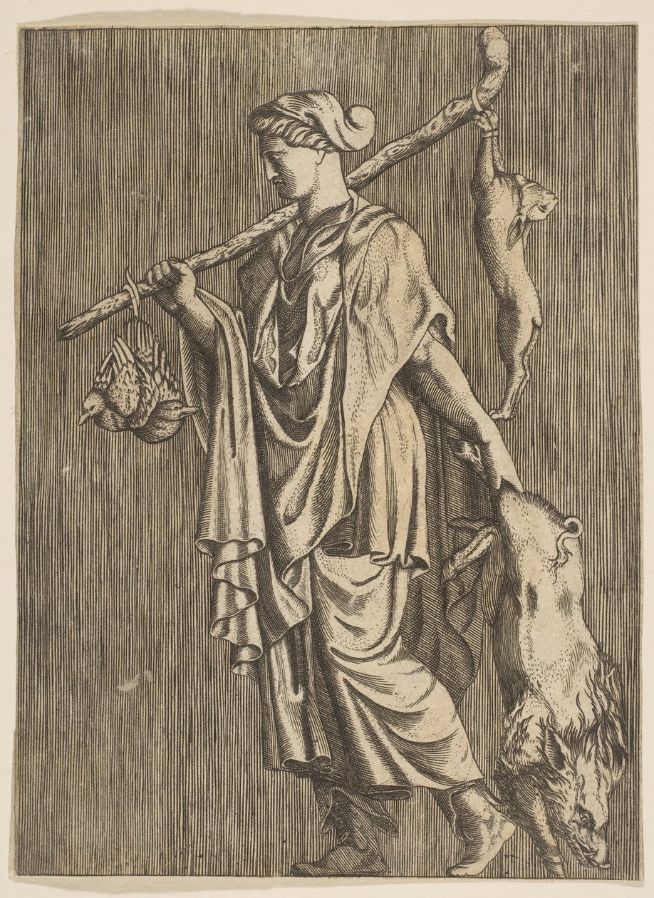 Mulher voltando de uma caçada carregando um javali na mão esquerda e uma vara no r..., c. 1515-1600. de Unbekannt