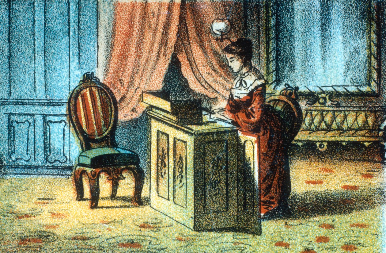 Mulher usando máquina de costura patenteada por Elias Howe [c1878] de Unbekannt