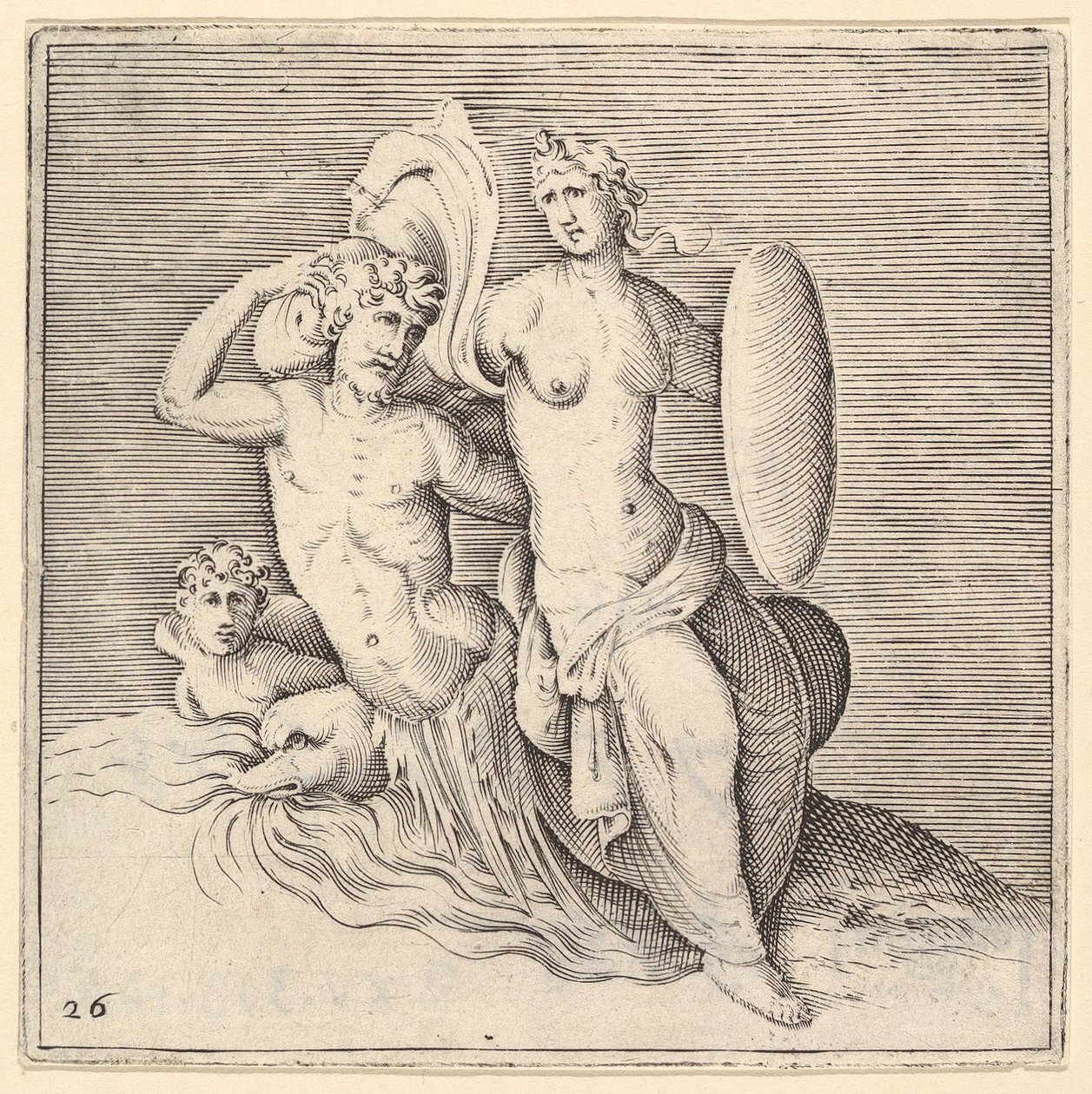 Mulher com escudo sentado em Seamonster, publicado ca. 1599-1622. de Unbekannt