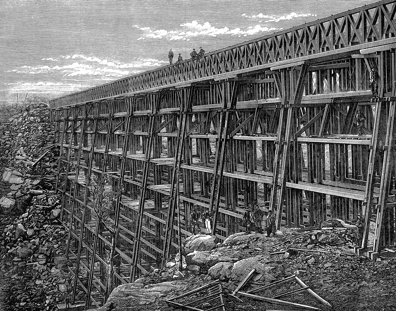 Ponte de cavalete de madeira na ferrovia Union Pacific, Dale Creek, Wyoming, EUA, 1869 de Unbekannt