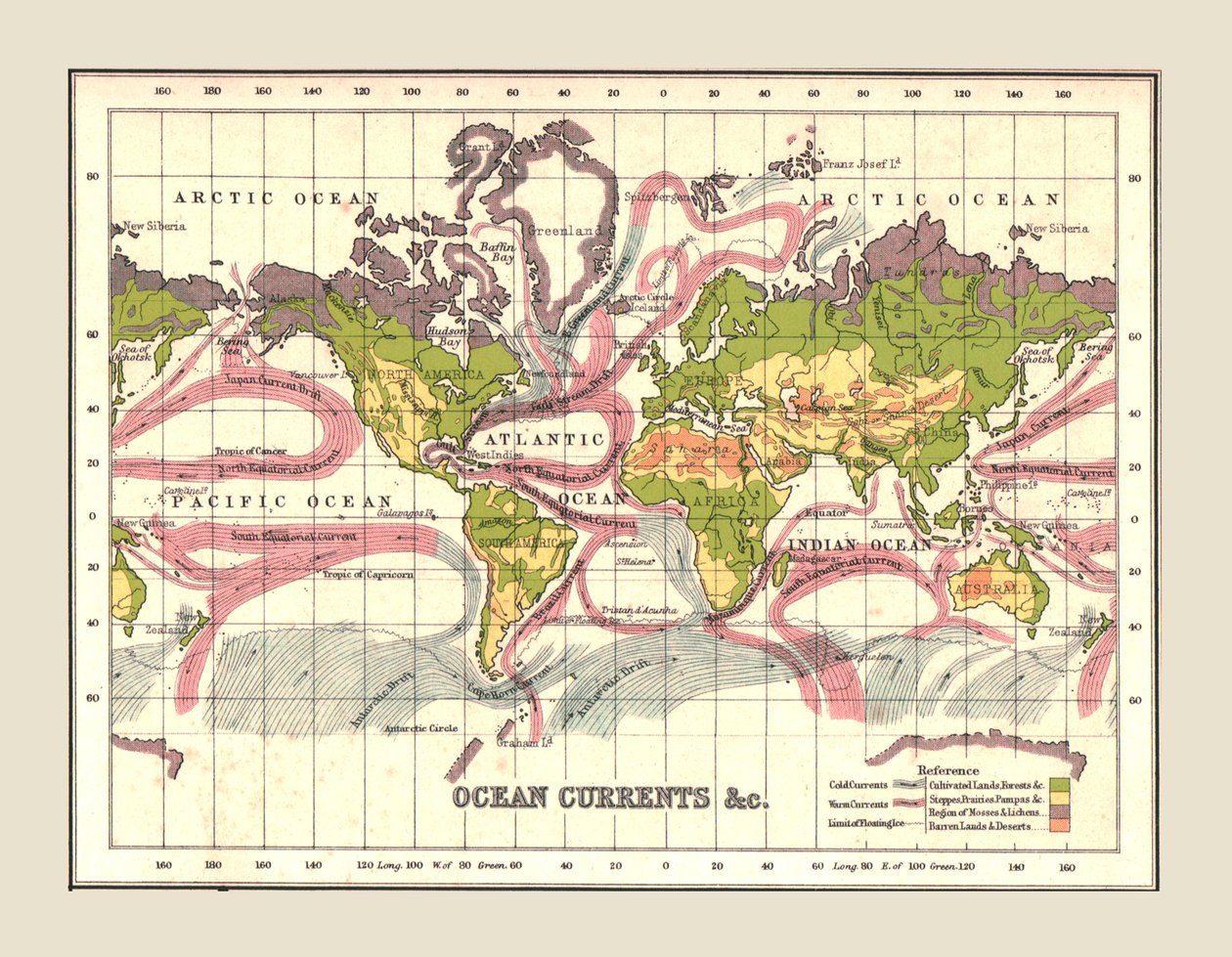 Mapa-múndi mostrando as correntes oceânicas, 1902. de Unbekannt