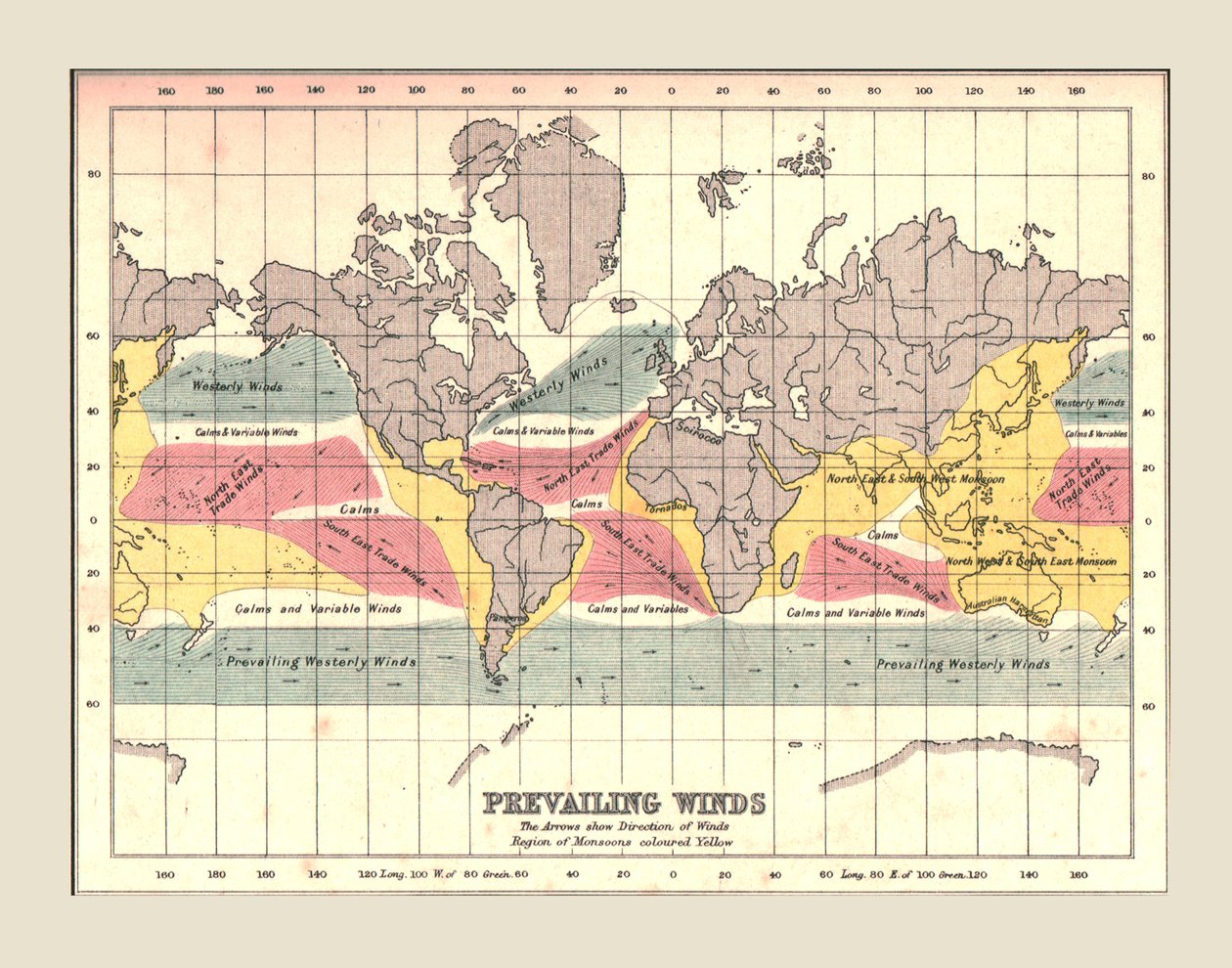 Mapa mundial mostrando os ventos predominantes, 1902. de Unbekannt