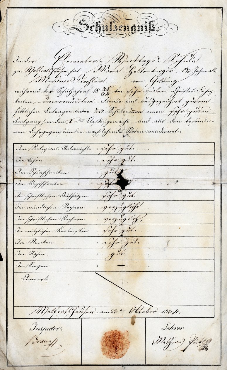 Relatório escolar de fim de ano da escola primária no domingo de uma aluna (Monika Haltenberger, filha da sacristia), de uma escola primária datada de 24 de Setembro de 1840, Academie de Geretsried, Haute Baviere na Alemanha, Europa de Unbekannt