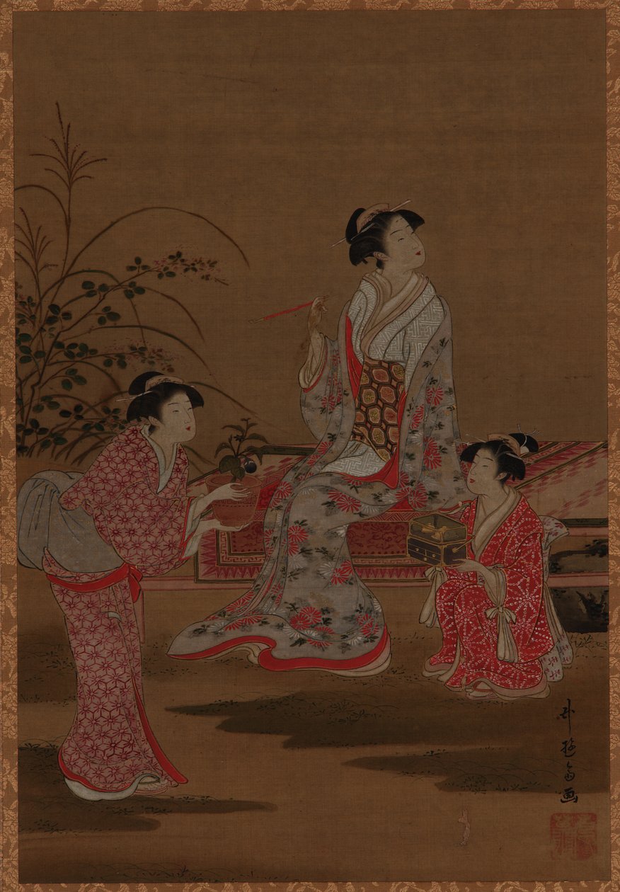 Jovem, com duas atendentes, sentadas em um jardim, período Edo, 1615-1868. de Unbekannt