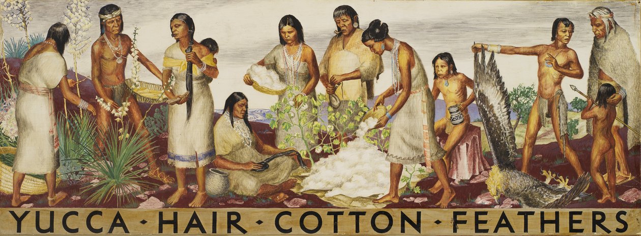 Yucca, cabelo, algodão, estudo mural de penas, ca. 1933-1943. de Unbekannt