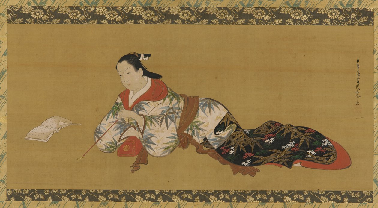 Yujo reclinado e lendo uma partitura musical, período Edo, 1615-1868. de Unbekannt