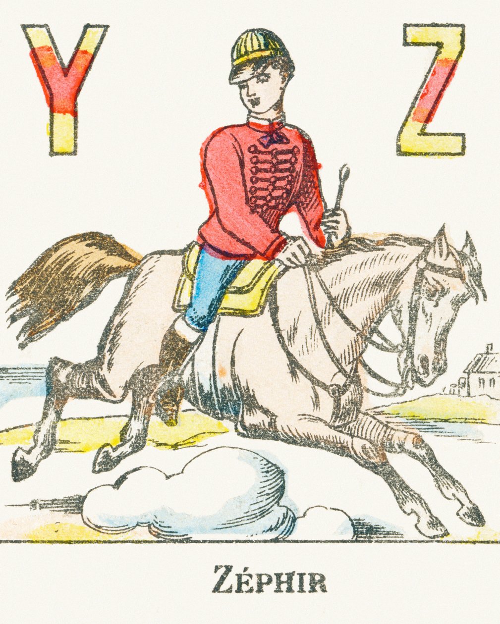 Z: Zephir, um cavaleiro galopando em seu cavalo chamado Zephyr - Games Alphabet, c.1890 (gravura) de Unbekannt