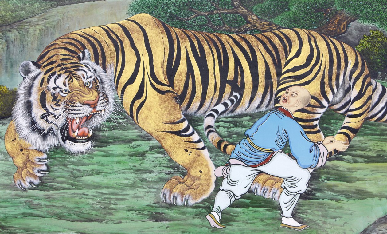 Pintura Zen koan retratando monge e tigre, Seul, Coree du Sud de Unbekannt