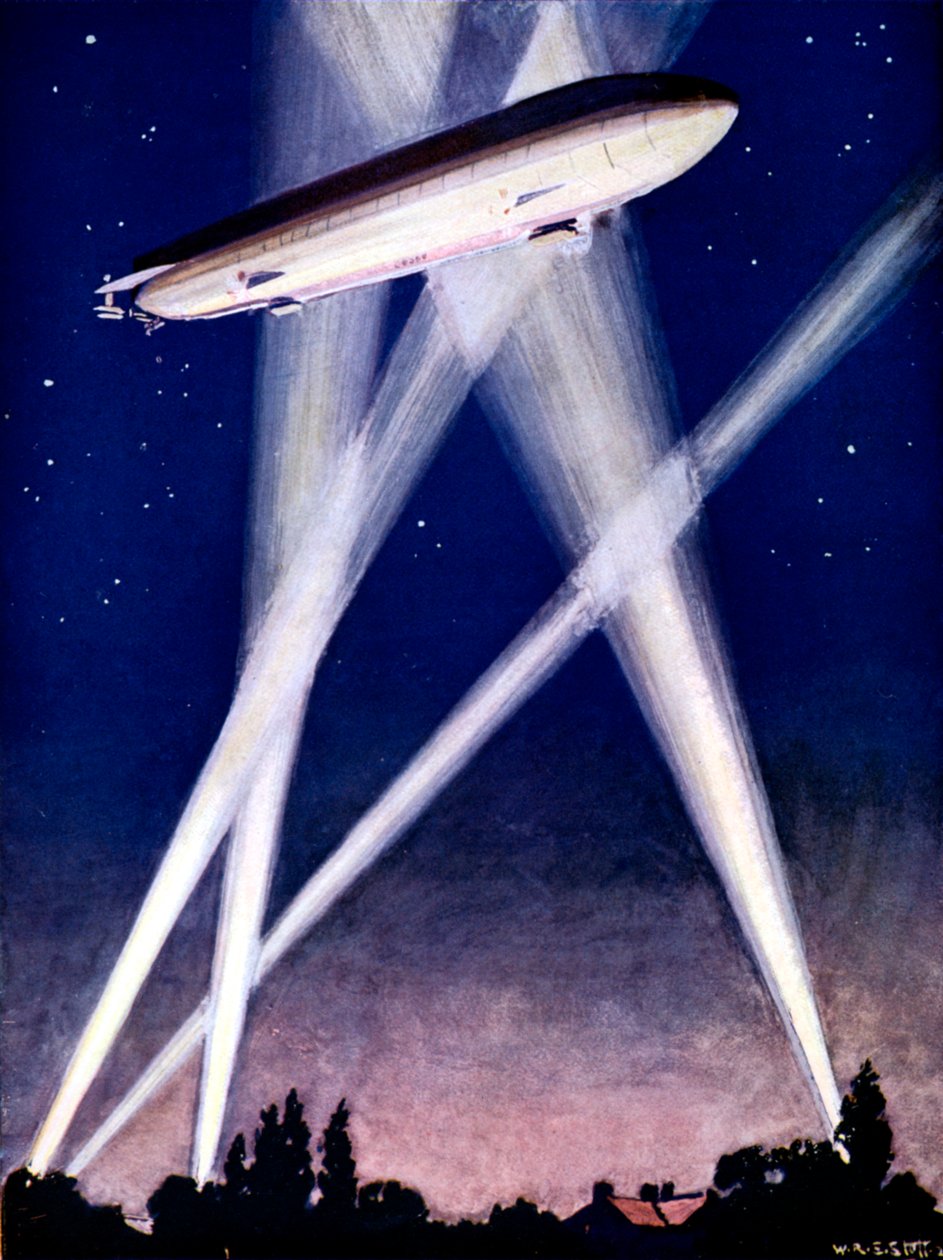 Dirigível Zeppelin apanhado em holofotes durante um bombardeio sobre a Inglaterra, 1916 de Unbekannt