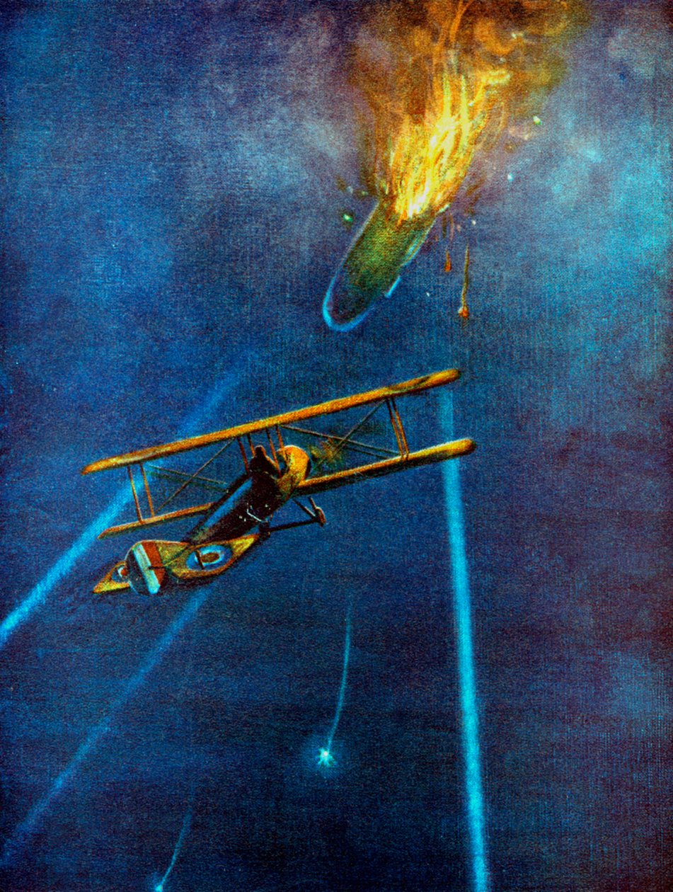 O dirigível Zeppelin abateu em Cuffley, perto de Enfield, durante bombardeio em Londres, 1916 de Unbekannt