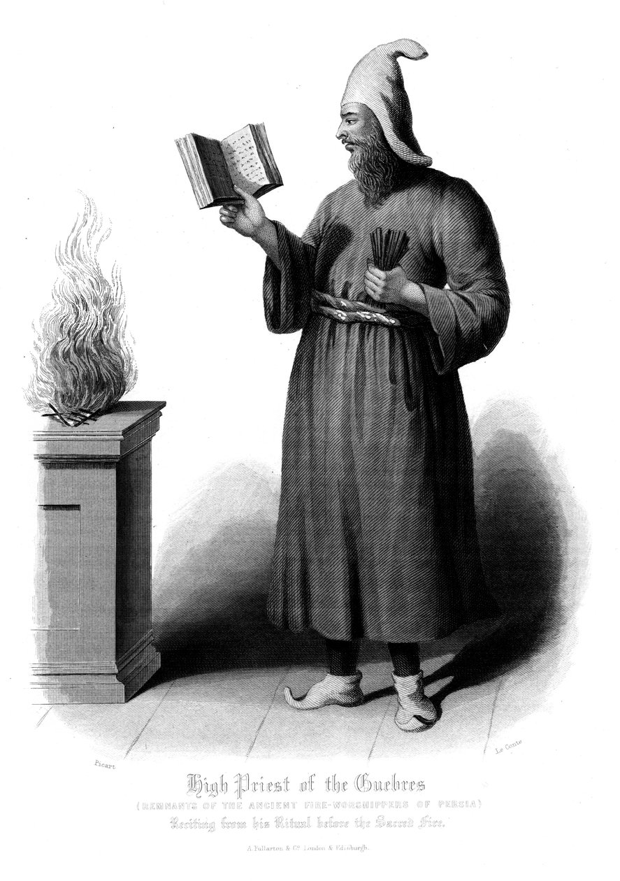 Sumo Sacerdote Zoroastriano recitando antes do fogo sagrado, século XIX de Unbekannt