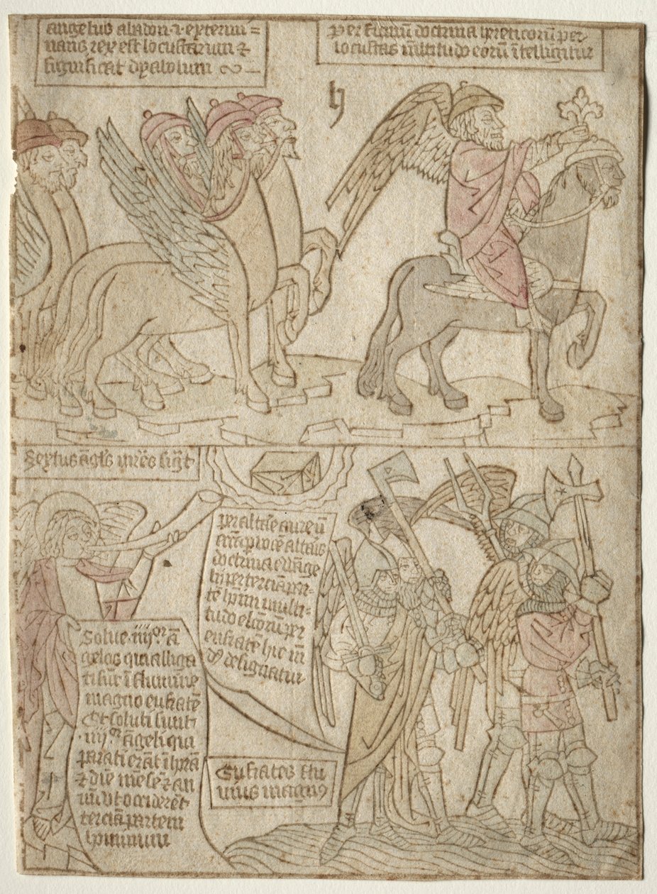 página do Apocalipse Os Gafanhotos com o Anjo do Abismo e a Sexta Trombeta, de 1400. de Unbekannt