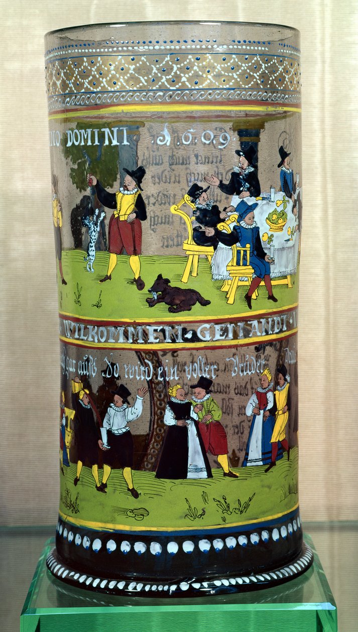 Um Humpen alemão esmaltado, datado de 1609, decorado com cenas de celebração de Unbekannt Unbekannt