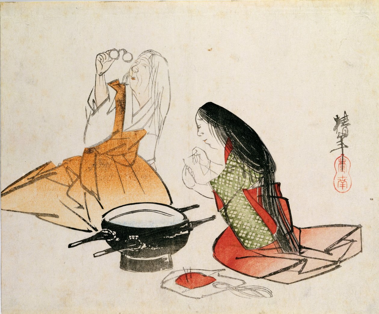 Uma jovem mulher enfiando uma agulha por Chinnen (1792-1851), pub. c.1830, (tamanho do chuban, impressão do woodblock da cor) de Unbekannt Unbekannt
