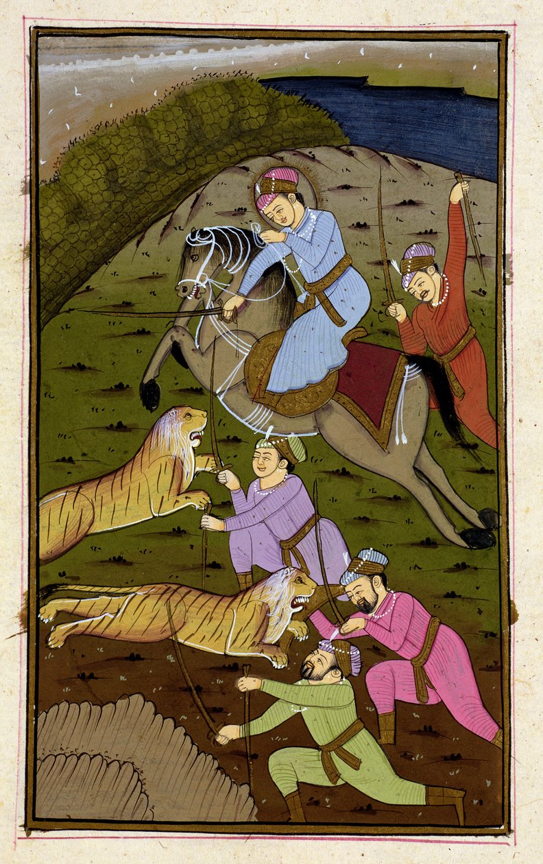 Akbar em uma caça ao tigre do Akbarnama, Mughal, c.1590, (texto ilustrado) de Unbekannt Unbekannt