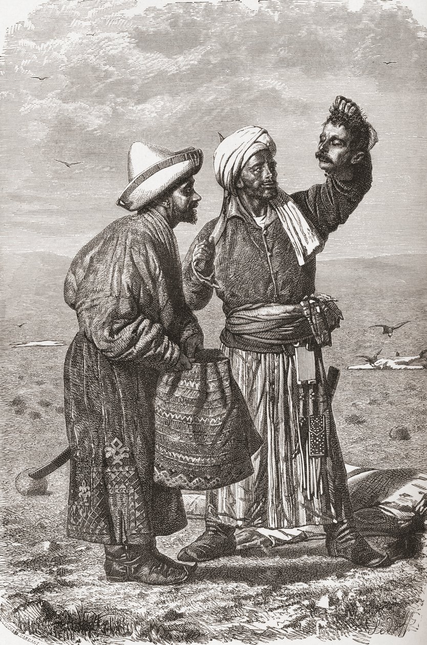 Um soldado afegão segurando a cabeça decepada de seu inimigo, ilustração de "O mundo nas mãos", gravado por Gauchard e Charles Barbant (d.1922), publicado em 1878 de Unbekannt Unbekannt