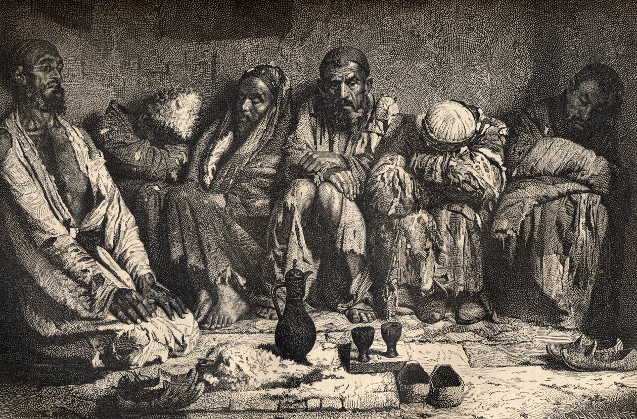 Um antro de ópio na Ásia Central, ilustração de "O mundo nas mãos", gravado por Charles Laplante (d.1903), publicado em 1878 de Unbekannt Unbekannt