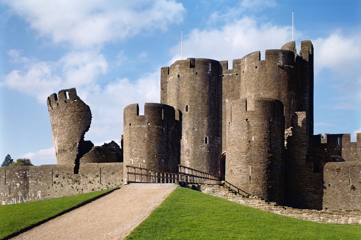 Caerphilly, castelo, vista exterior, mostrando, ponte, e, torre inclinada, escola inglês, (13th century), completado, 1277, glamorgan, gales de Unbekannt Unbekannt