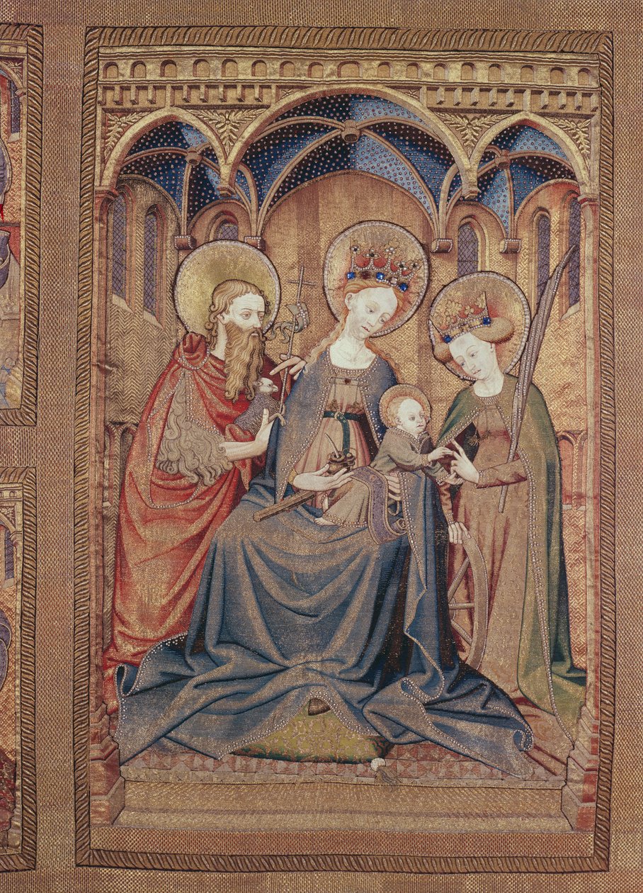 Painel central de um altar frontal O Casamento Místico de Santa Catarina Parte da Vestimenta da Ordem do Tosão de Ouro, sul da Holanda, meados do século XV de Unbekannt Unbekannt