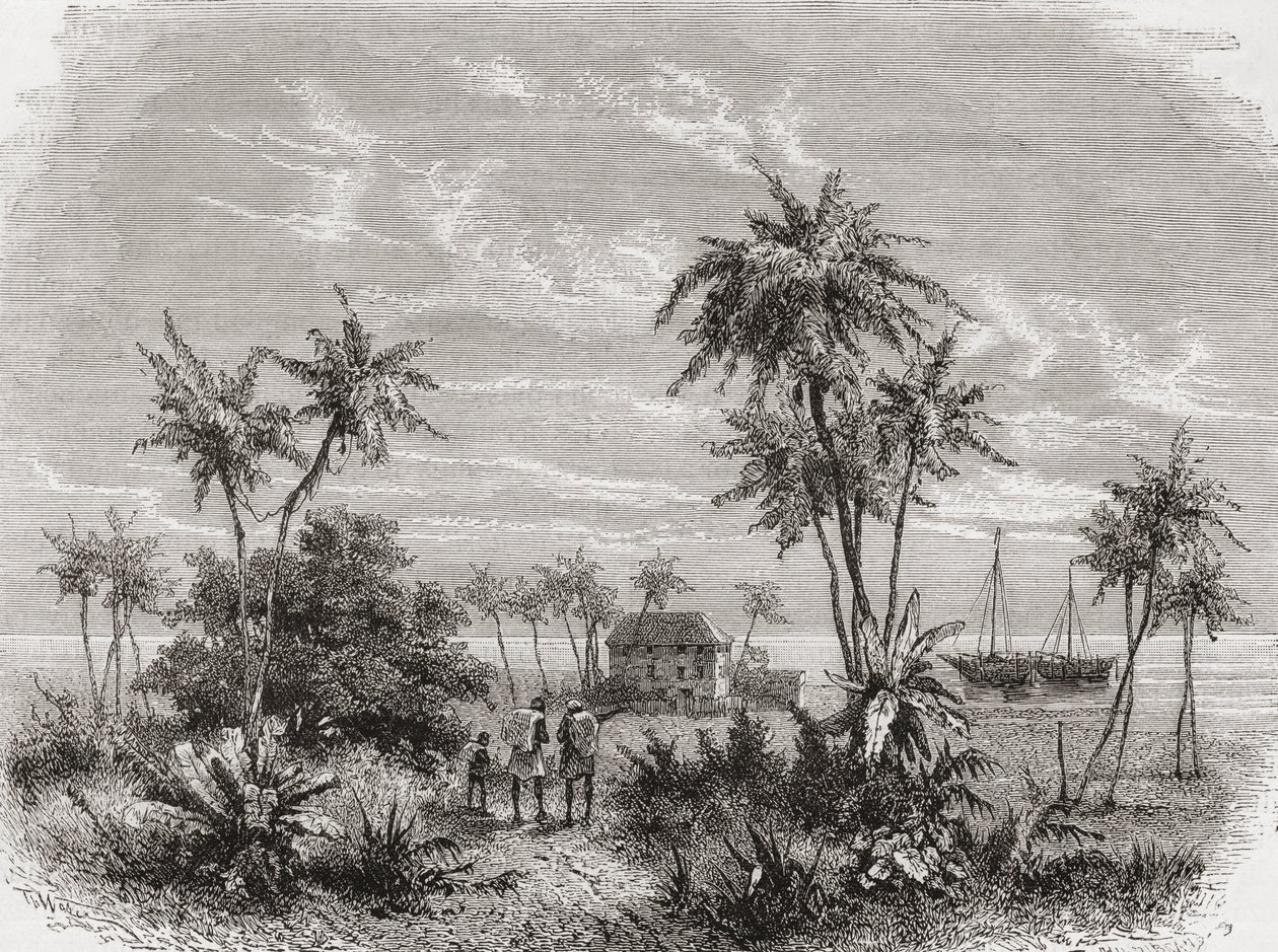 Casa de David Livingstone em Zanzibar, Tunísia, África Oriental, ilustração de &39;O mundo nas mãos&39;, gravada por Henri Theophile Hildibrand (1824-97), publicado em 1878 de Unbekannt Unbekannt