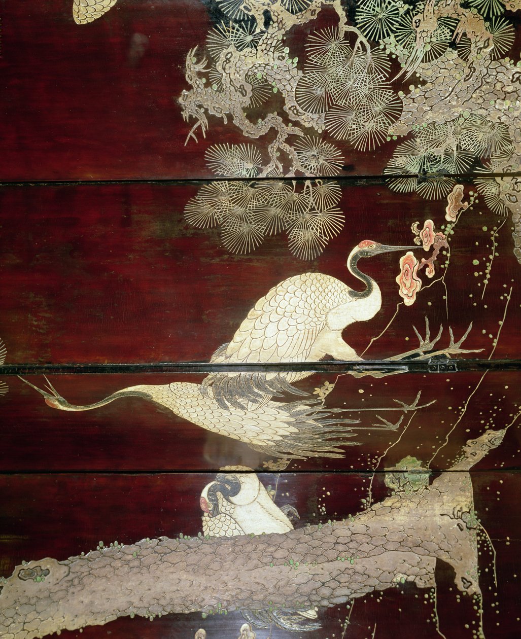Detalhe de uma tela de Coromandel mostrando garças, 1619 (laca) de Unbekannt Unbekannt