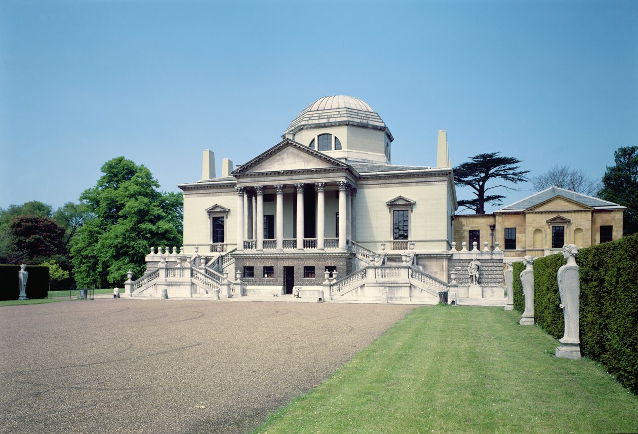 Vista exterior da fachada leste da Chiswick House, Londres, (1725-29), construída por Lord Burlington, 3º Conde de (Richard Boyle) (1694-1753) de Unbekannt Unbekannt