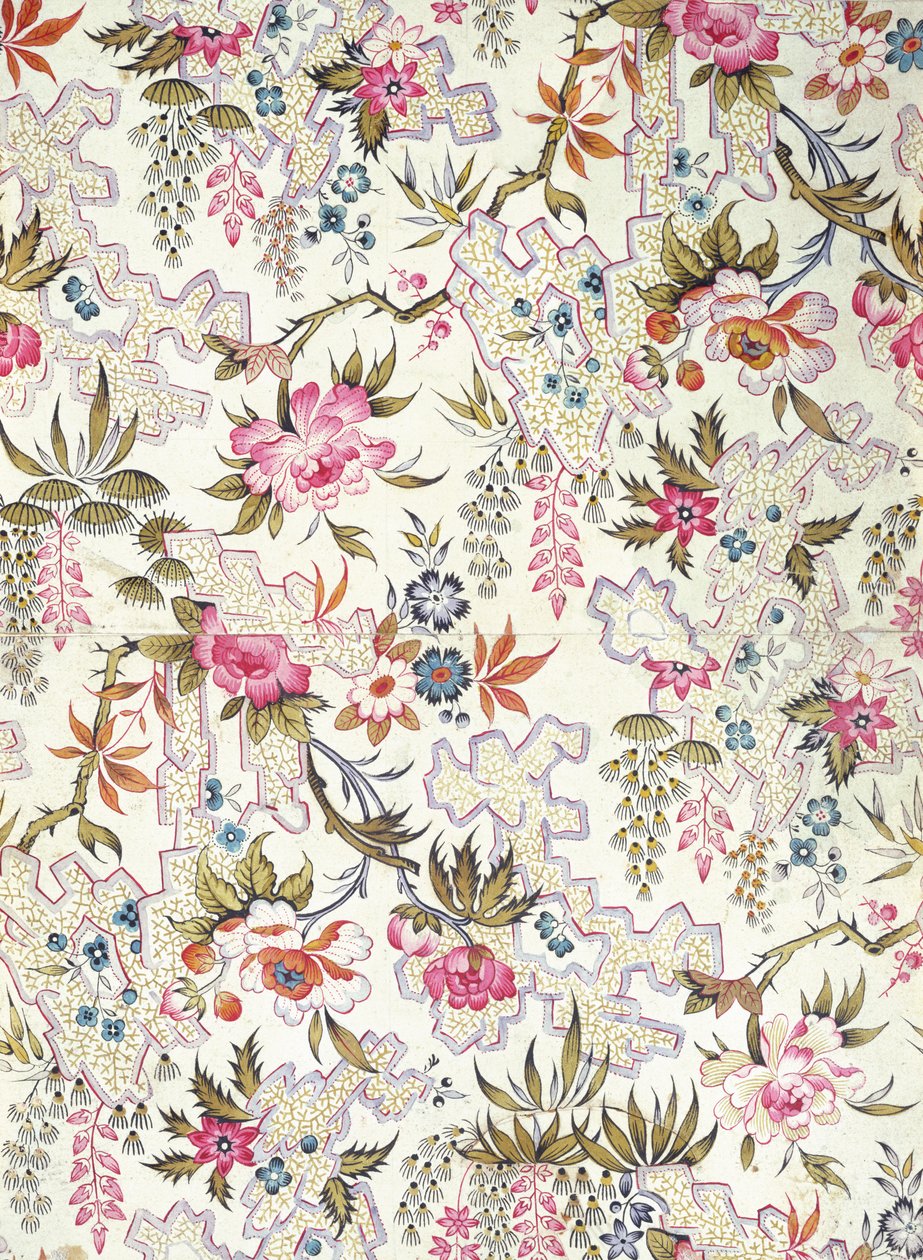 Design floral para material de seda com flores estilizadas e padrão de solo de meandros preenchidos com minúsculas algas por William Kilburn, c.1790 de Unbekannt Unbekannt