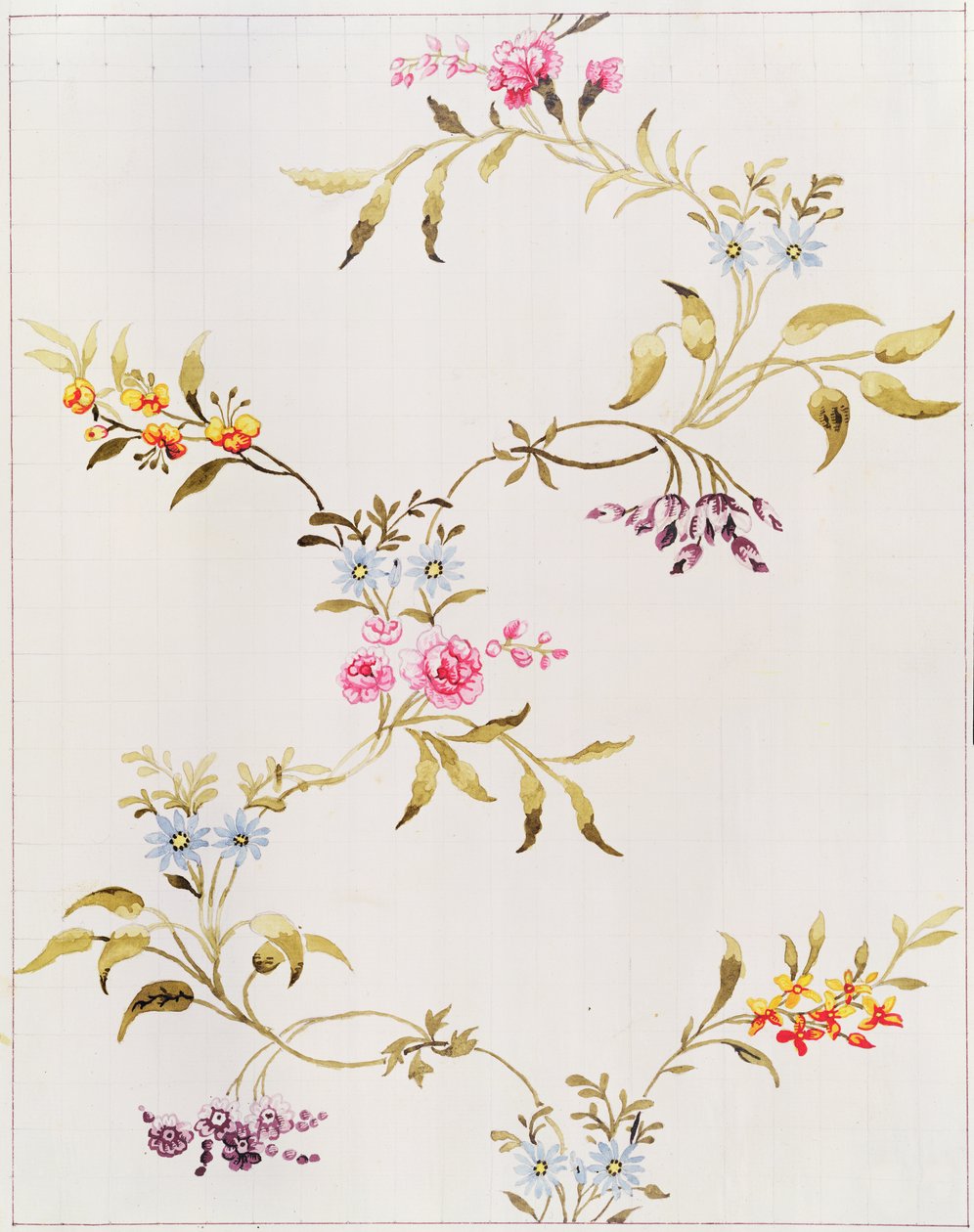 Design floral de cravos e rosas para um tecido de seda a ser tecido em Spitalfields, por Anna Maria Garthwaite (1690-1763), 1744 (wc no papel, quadrado para transferência) de Unbekannt Unbekannt