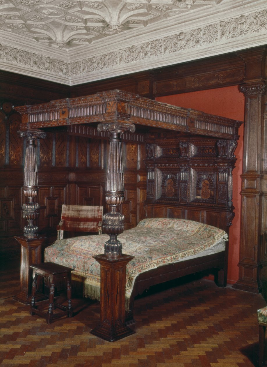 Cama de dossel, carvalho esculpido, do século XVI ao XVII de Unbekannt Unbekannt