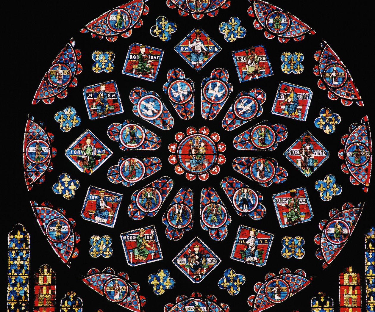 Glorificação da Virgem Maria, mostrando os braços de Blanche de Castela abaixo da rosácea rosa norte, c.1223 de Unbekannt Unbekannt