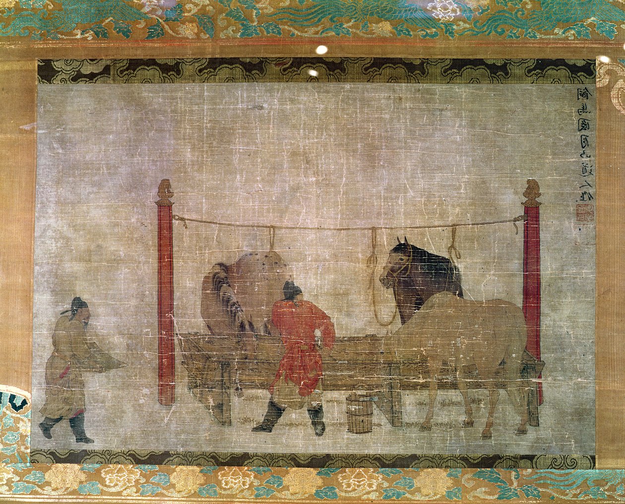 Pendurado, representando noivos alimentando cavalos, tinta e aquarela em seda, atribuída a Jen Jen-Far, chinês, século XIV de Unbekannt Unbekannt
