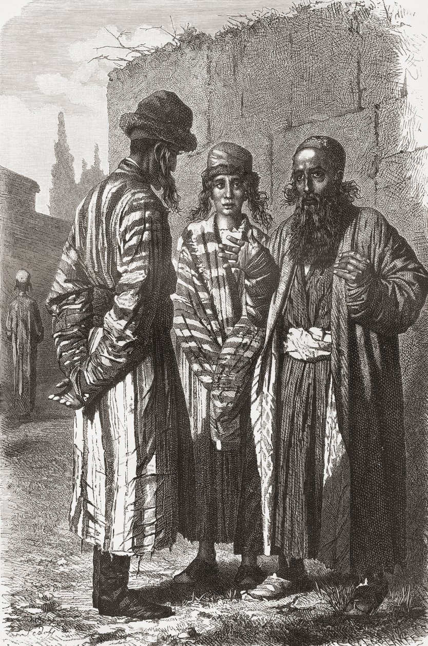 Judeus de Tashkent, capital do Uzbequistão, ilustração de "O mundo nas mãos", gravada por Charles Laplante (d.1903), publicada em 1878 de Unbekannt Unbekannt