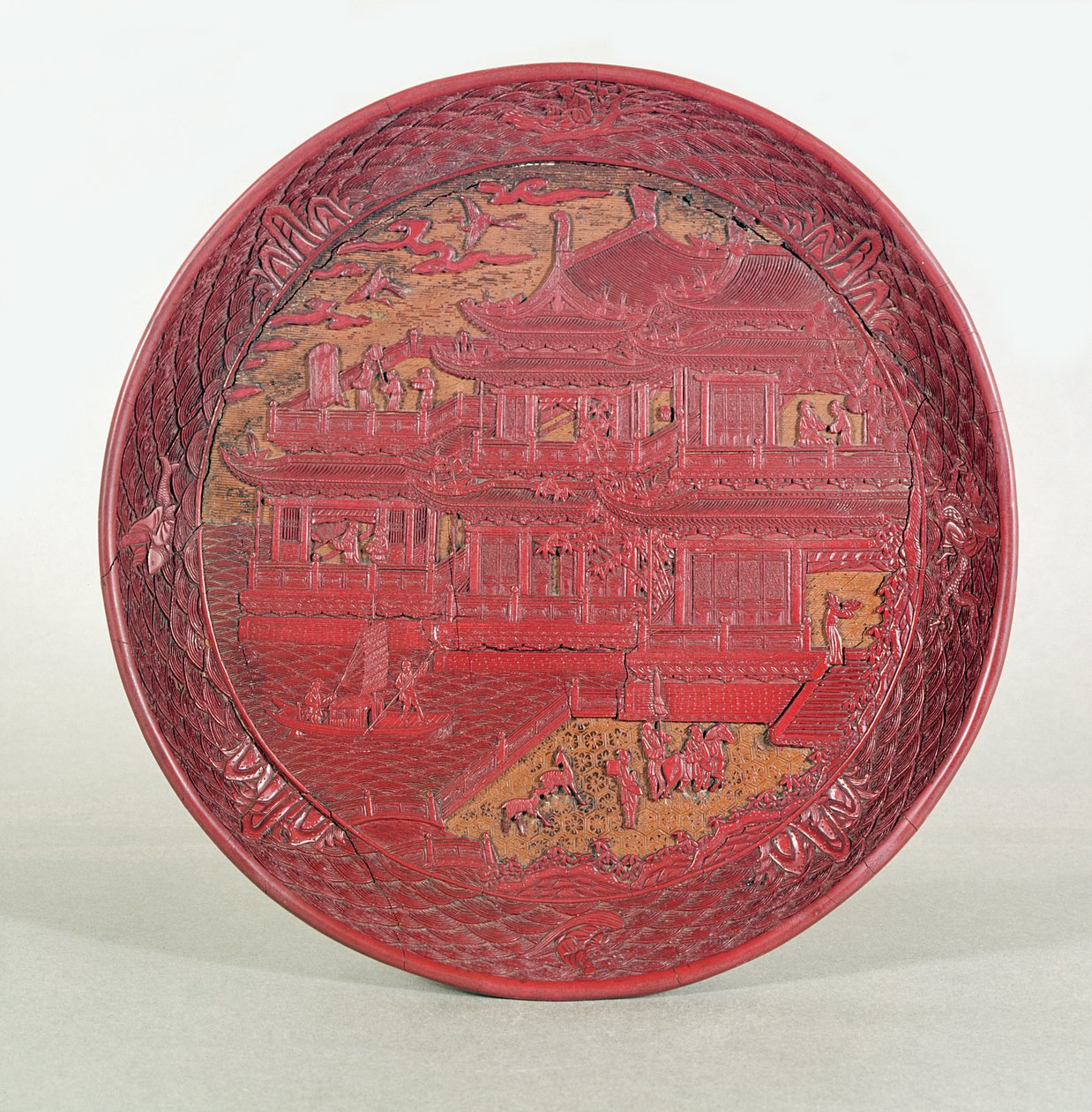 Prato de laca, esculpido, representando o Pavilhão Orquídea do Príncipe Tang, 1489 de Unbekannt Unbekannt