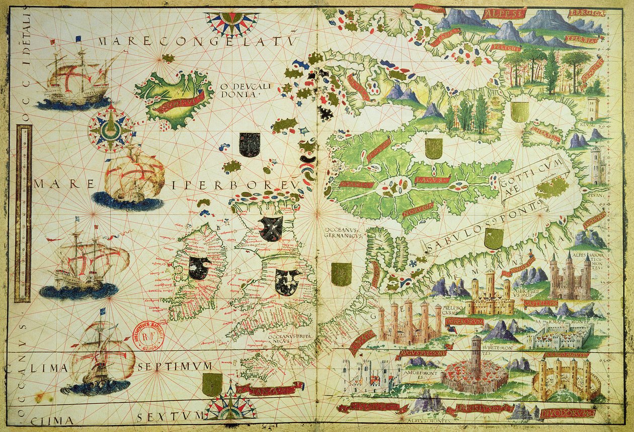 Mapa da Europa, a partir de um fac-símile do &39;Miller Atlas&39; de Pedro e Jorge Reinel, e Lopo Homem, feito em 1519 de Unbekannt Unbekannt