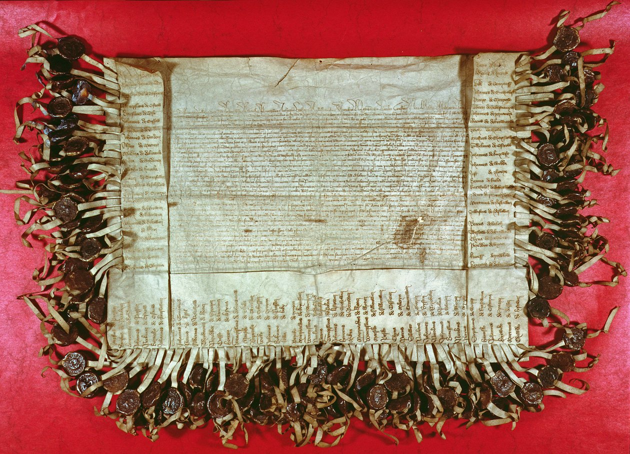 Carta medieval de protesto da nobreza boêmia contra o tratamento de John Huss (c.1369-1415) pelo Conselho de Constança, 1415-16 (tinta em pergaminho) de Unbekannt Unbekannt