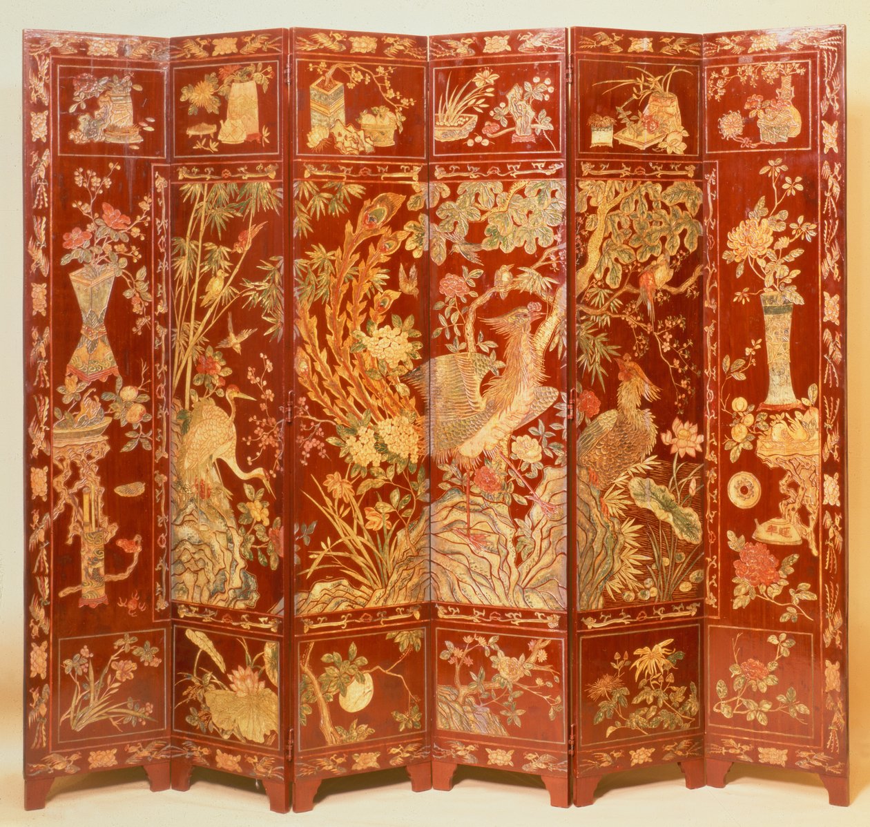 Cena pastoral (tela de laca vermelha com chinoiserie dourada) de Unbekannt Unbekannt