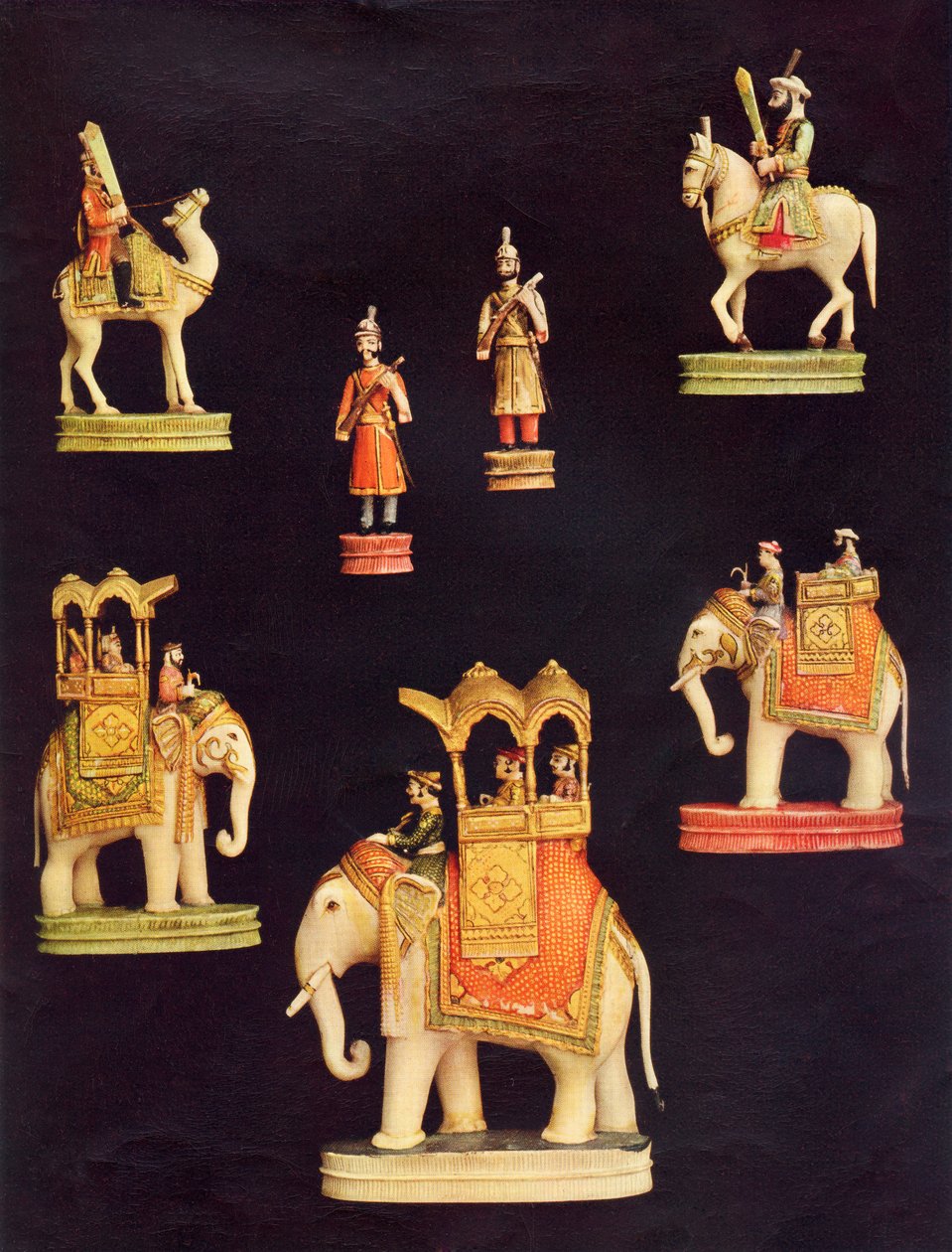 Peças de um jogo de xadrez de marfim feito em Delhi para Begum Samru em c.1790 (cor litho) de Unbekannt Unbekannt