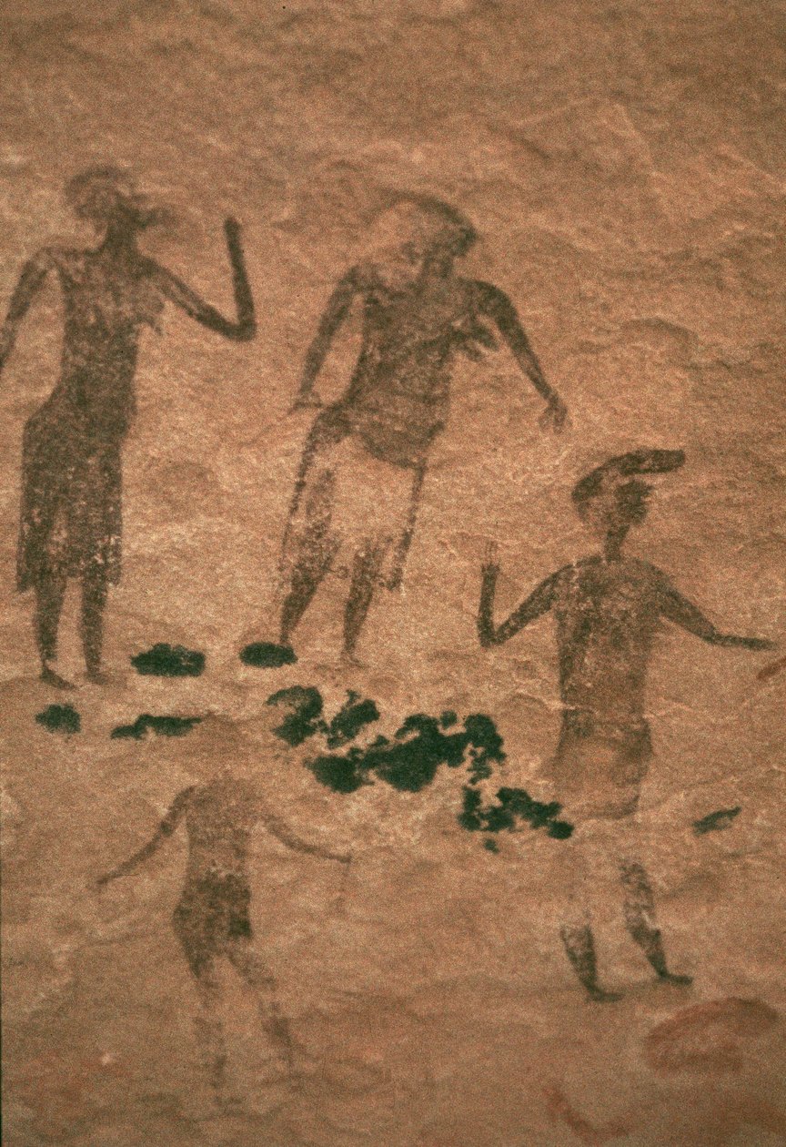 Pintura rupestre de homens e mulheres de Jabbaren do século VII aC (xisto ocre) de Unbekannt Unbekannt