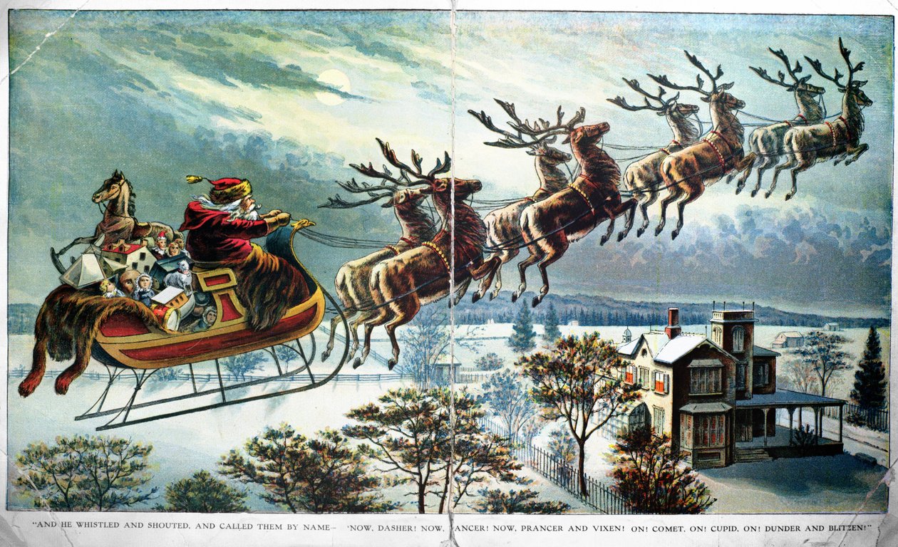 Primeiro passeio de Papai Noel com trenó e rena, ilustração para uma visita de São Nicolau, de Clement Clarke Moore (1779-1863) de 1890 de Unbekannt Unbekannt