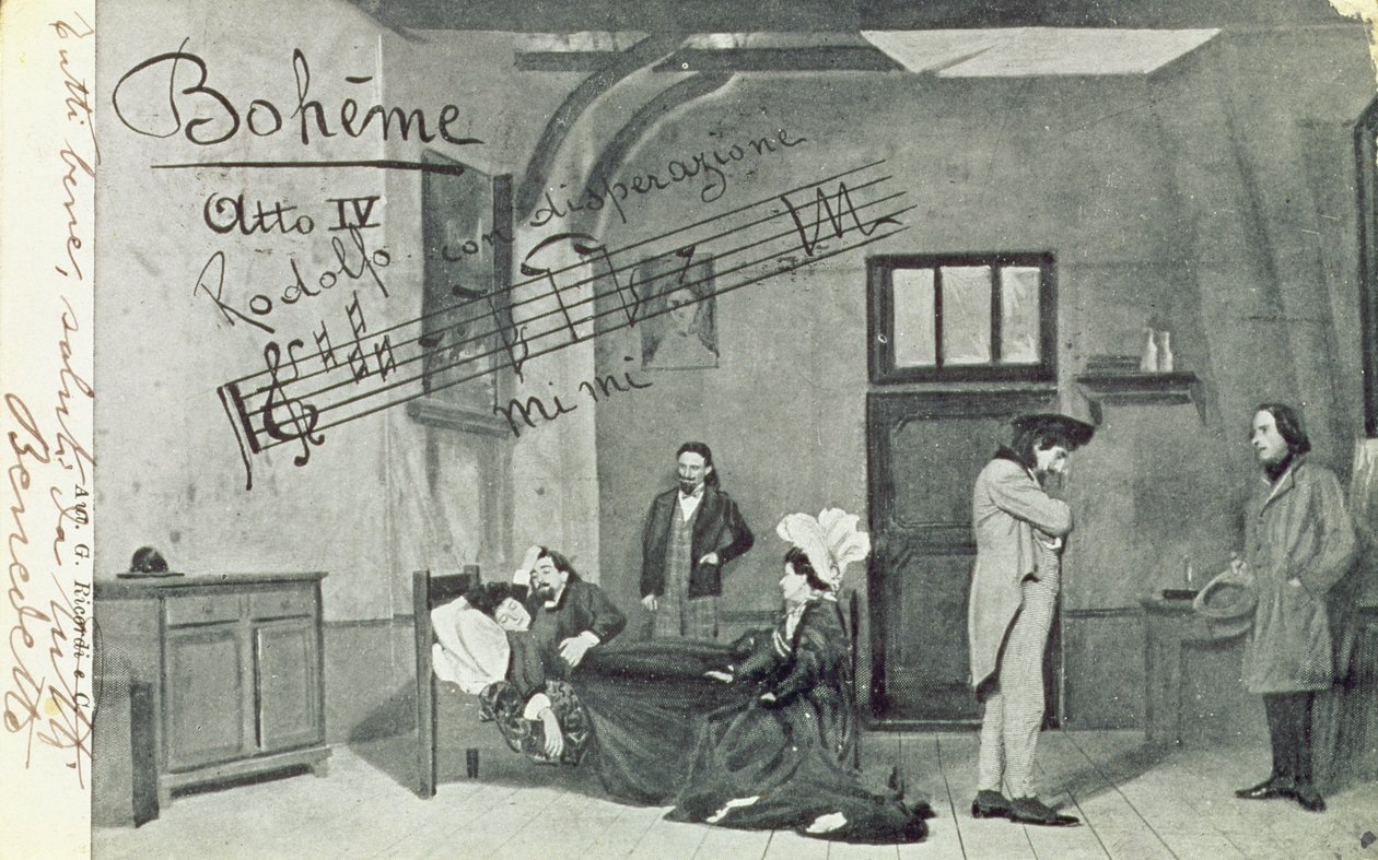 Cena do Ato IV da ópera &39;La Boheme&39;, de Giacomo Puccini (1858-1924) (foto bw) de Unbekannt Unbekannt