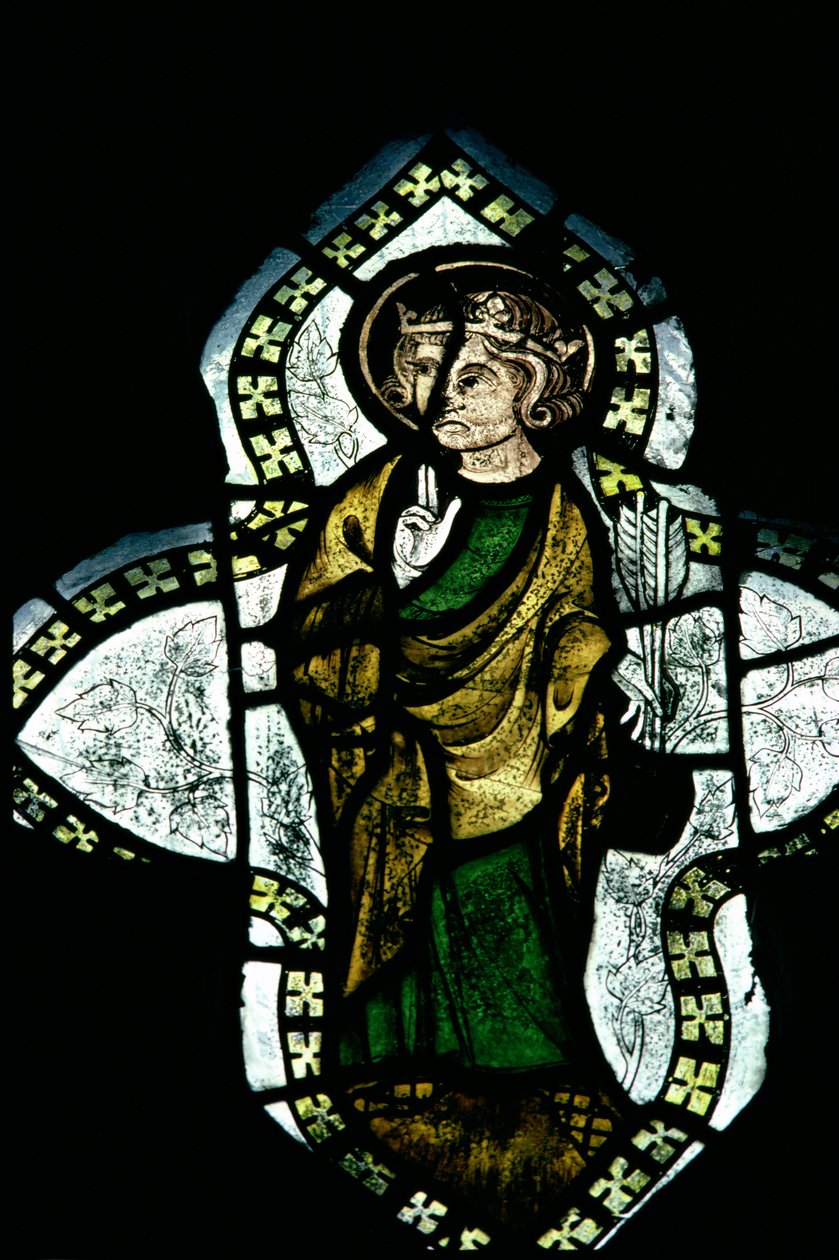 St.Edmund, coroado e escalado, carregando as flechas de seu martírio, vitral do século 14 de Unbekannt Unbekannt