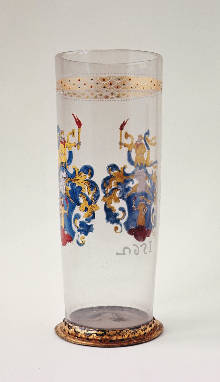Stangenglas (copo alemão) esmaltado decoração heráldica, monte de prata dourada, provavelmente sul-alemão, 1562 de Unbekannt Unbekannt