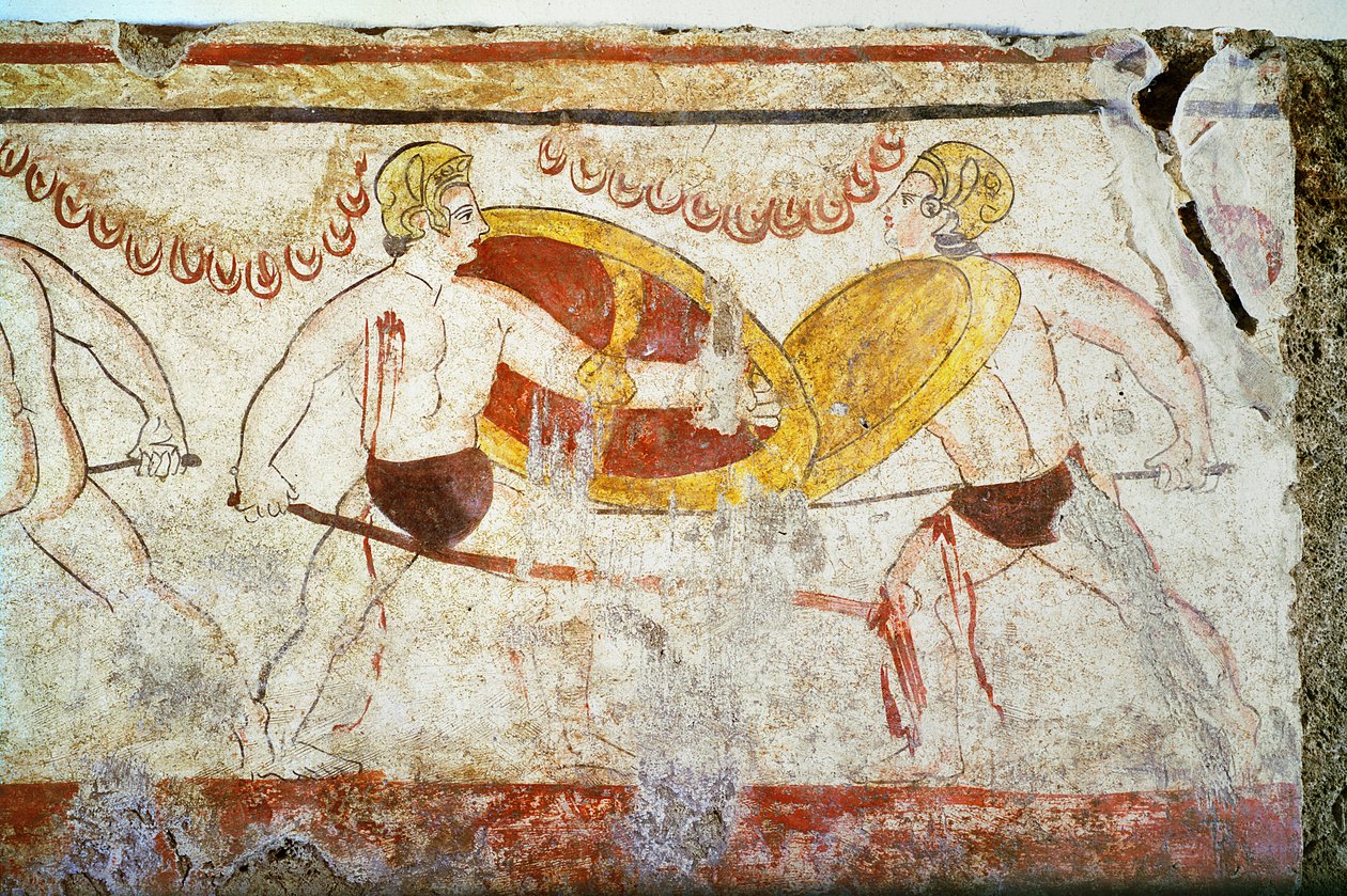 A Batalha dos Gladiadores, detalhe de um duelo, c.3º século aC de Unbekannt Unbekannt