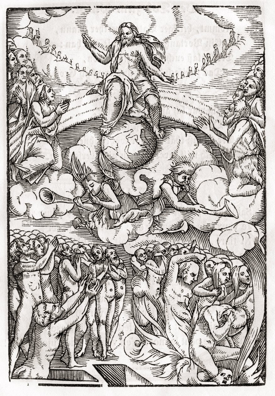 O Juízo Final, baseado em uma xilogravura de Hans Holbein (149798-1543), o Jovem, de &39;Der Todten Tanz&39;, publicou Basel, 1843 de Unbekannt Unbekannt