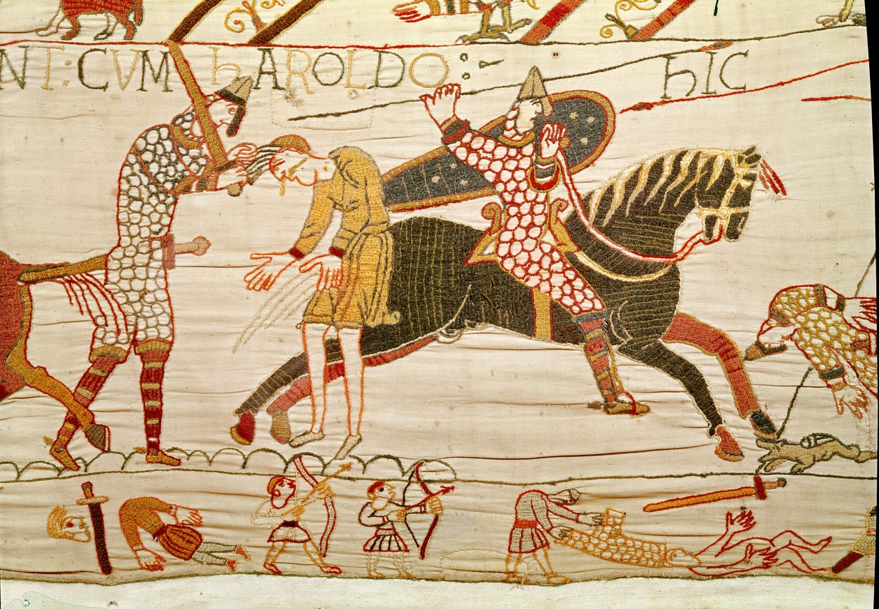 Os normandos matam os homens de Haroldo, a tapeçaria de Bayeux de Unbekannt Unbekannt